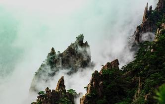 秋雨過(guò)后安徽黃山云霧繚繞宛如仙境